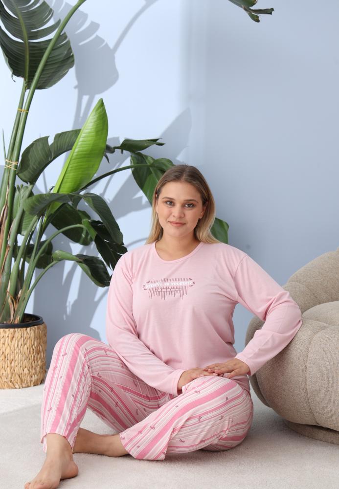 Pijama Dama ,Big Size ,'BELIEVE IN YOURSELF" cu Pantloni si Maneca lunga, Culoare Roz ,Engros